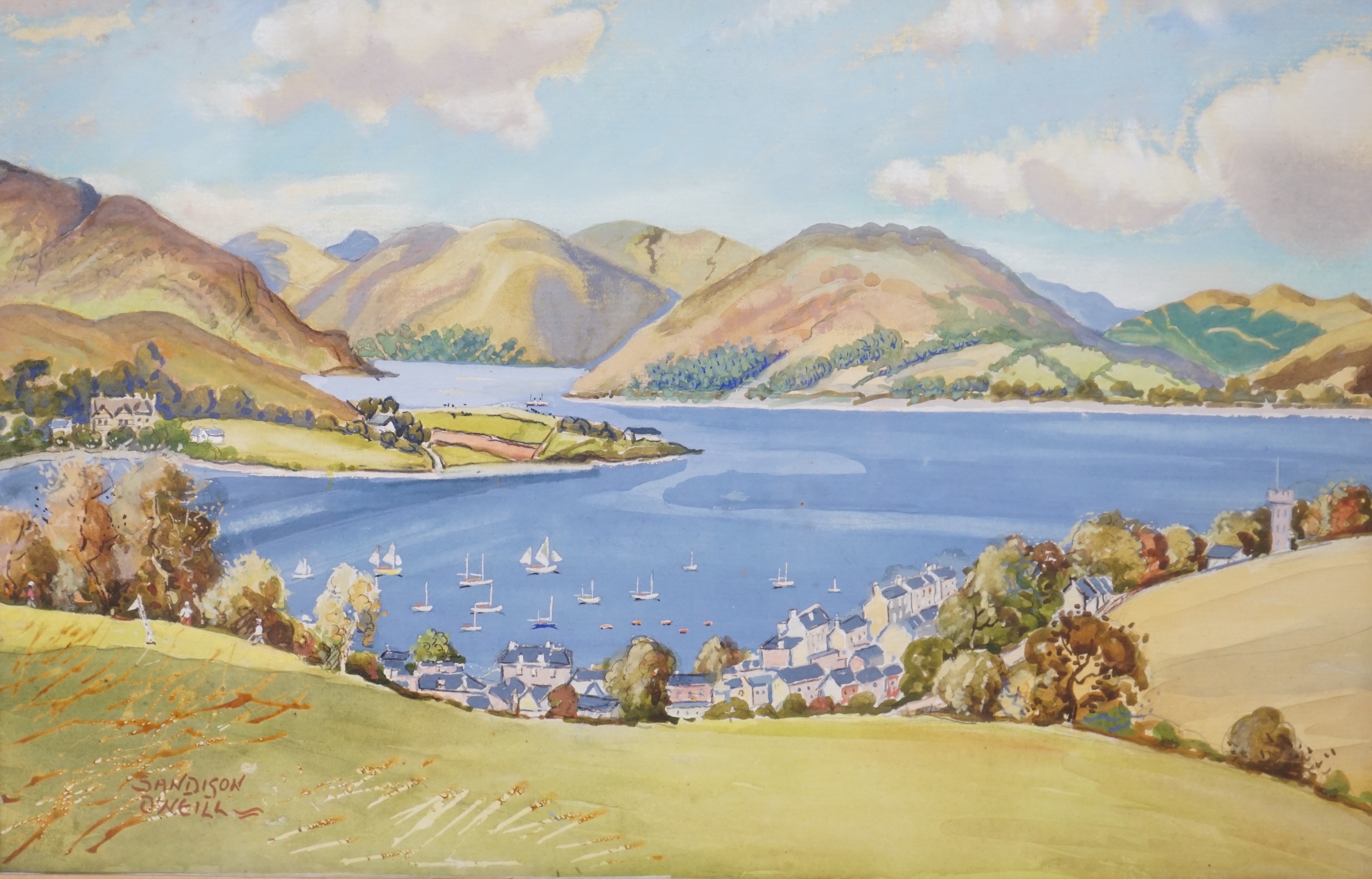 Sandison O’Neill (fl. 1930), gouache, View from Port Bannatyne, signed, Exhibition label verso, 23 x 36cm